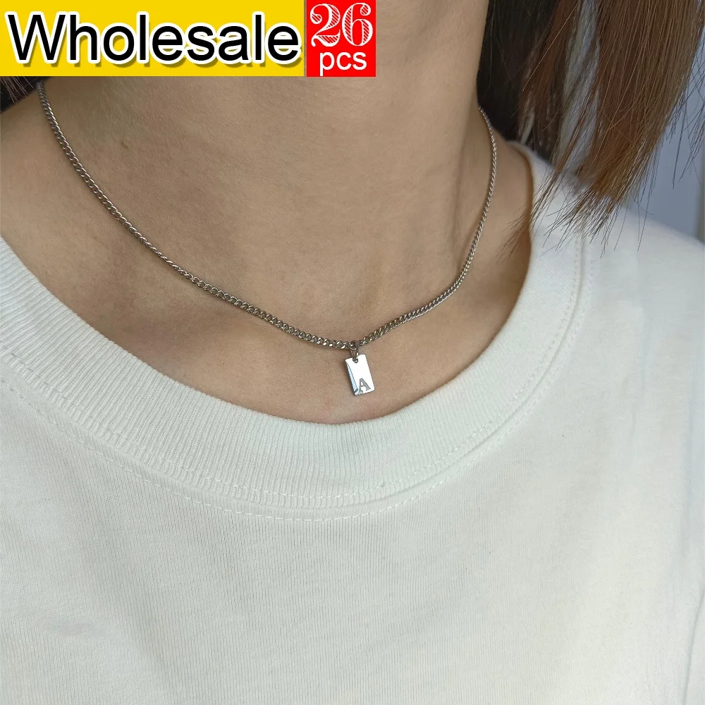 26PCS Simple Style Silver Stainless Steel Women's Pendant Necklace Initial Letter Square Pendants Fashion Jewelry Wholesale 2024