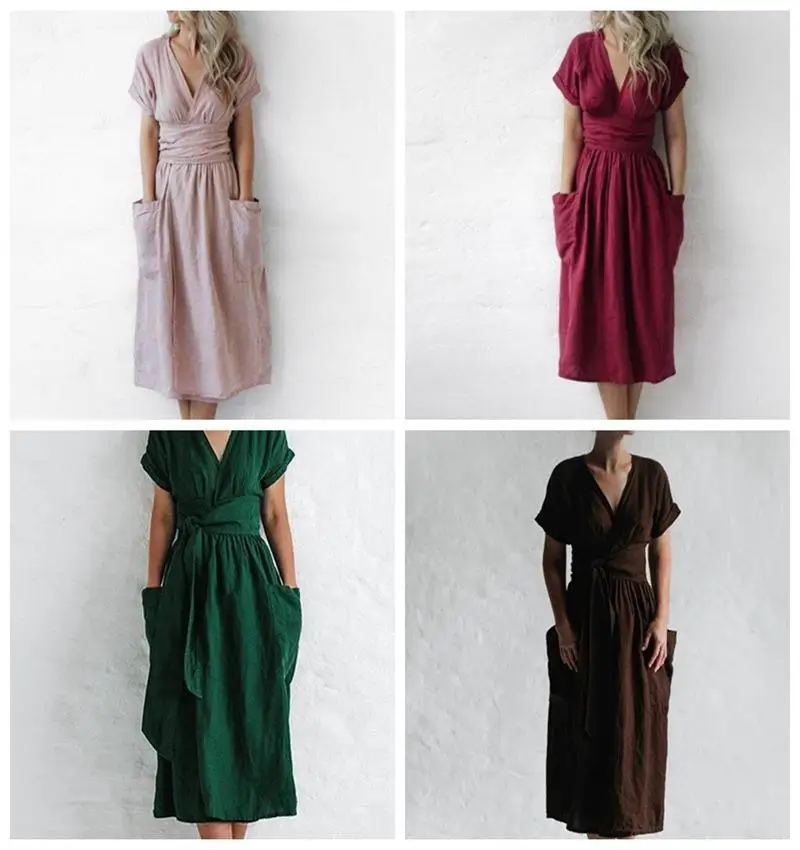 

V Neck Women Dresses Short Sleeve High Waist Dress Solid Pockets Loose Spliced Casual Summer Slight Strech Basics A Line