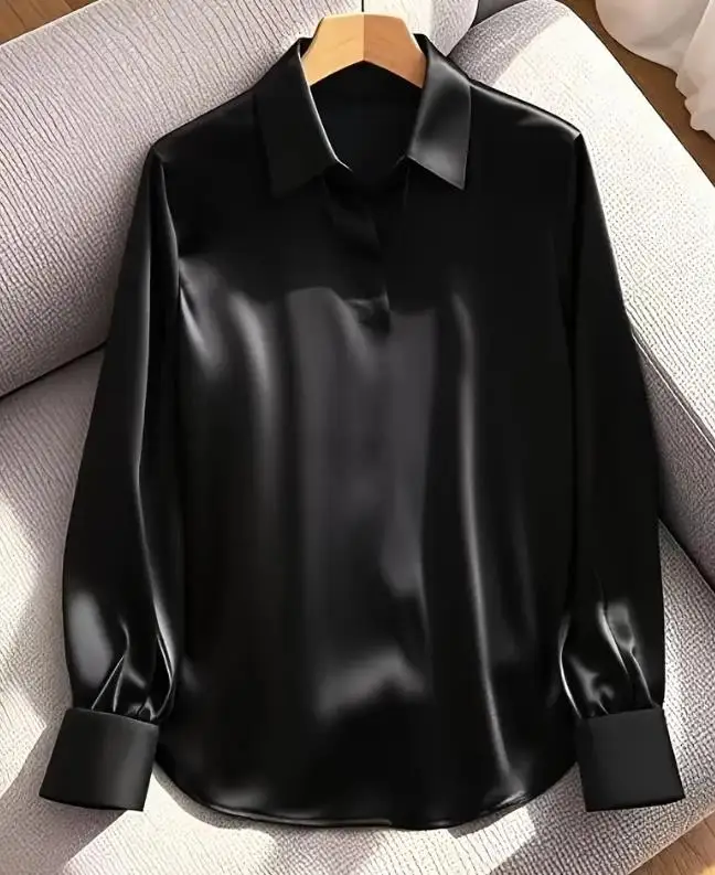 

Осенняя однотонная модная приталенная шифоновая рубашка с лацканами и длинными рукавами для женщин, высококачественная текстурная шифоновая рубашка для поездок на работу