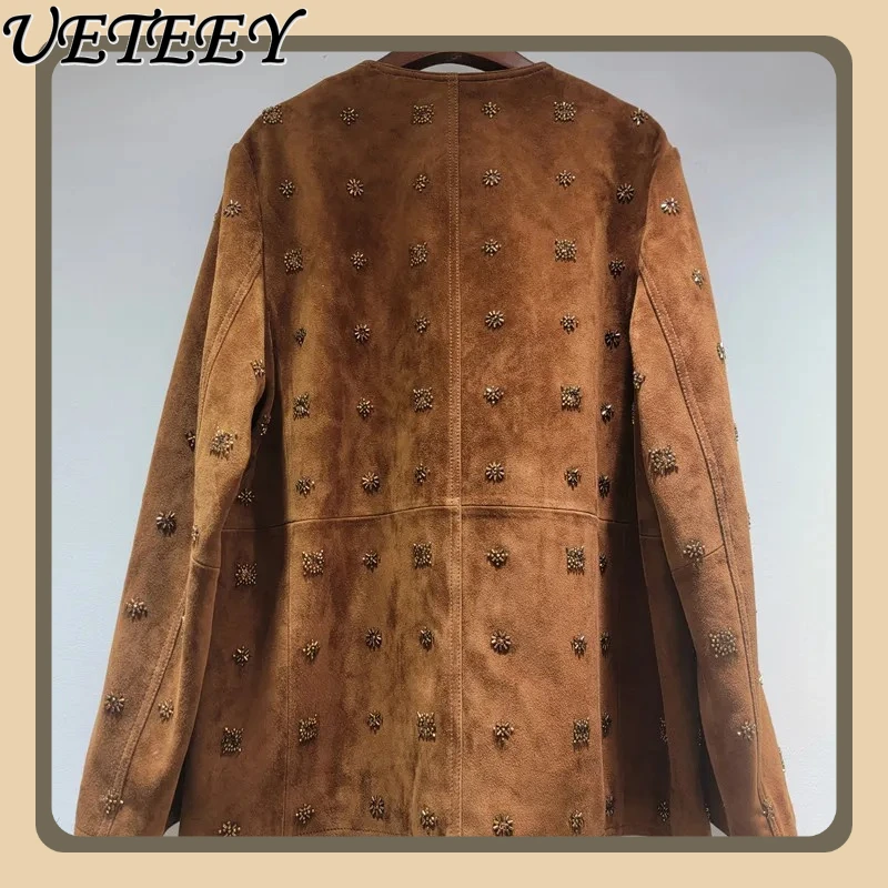 

European American Design Round Neck Heavy Yellow Embroidered Beaded Blazer Elegant Socialite High-end Casual Jacket Y2K Top