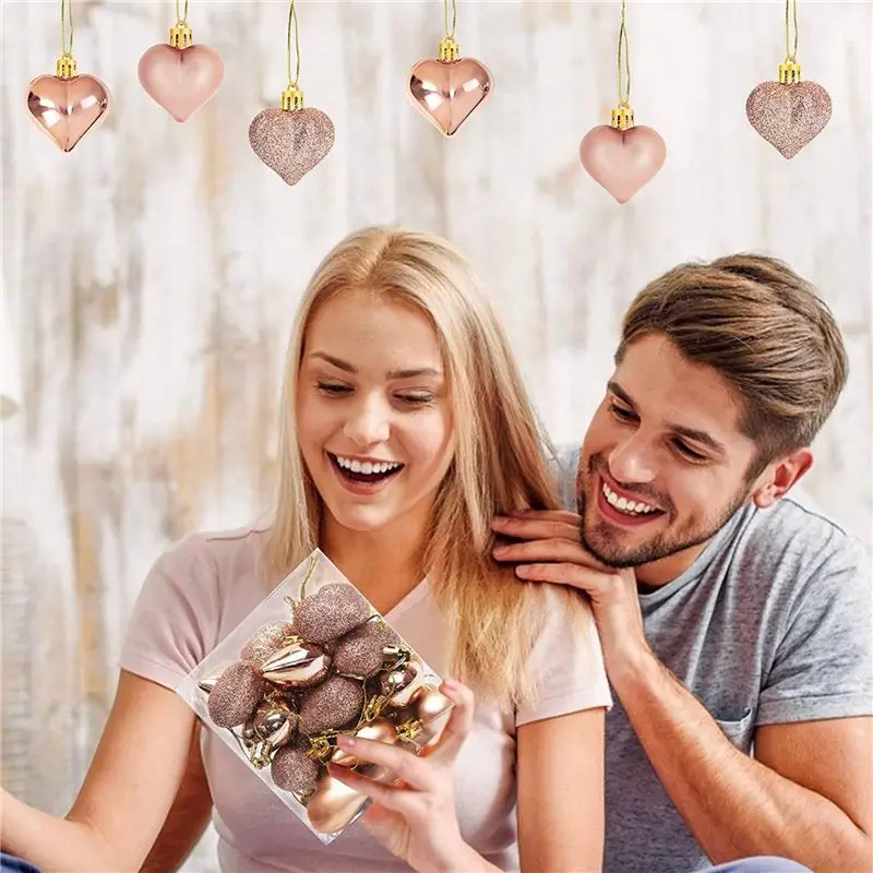 B84B 144Pcs Rose Gold Valentine's Day Heart Shaped Ornaments Baubles Hanging Decorations for Home Tree Party