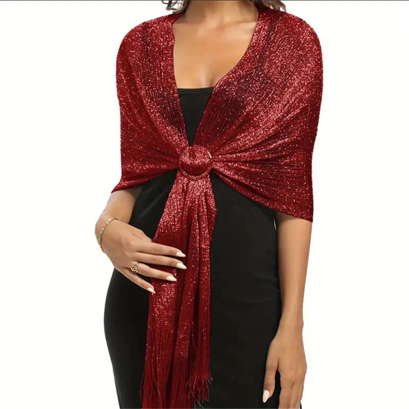 Sparkling Metallic Shawls Round Buckle Tassel Wraps Scarf For Evening Party Ladies\' Fashionable Party Glitter Shawls