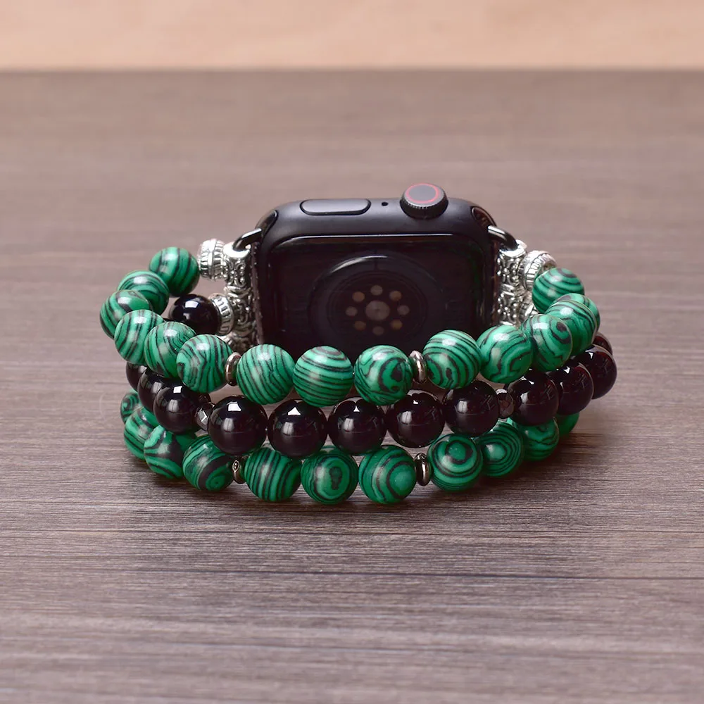 Malachite Black Agate Apple Watch Band 38mm 40mm 41mm 42mm 44mm 45mm Stone Beaded Bracelet Strap for Women Iwatch Series 1-SE