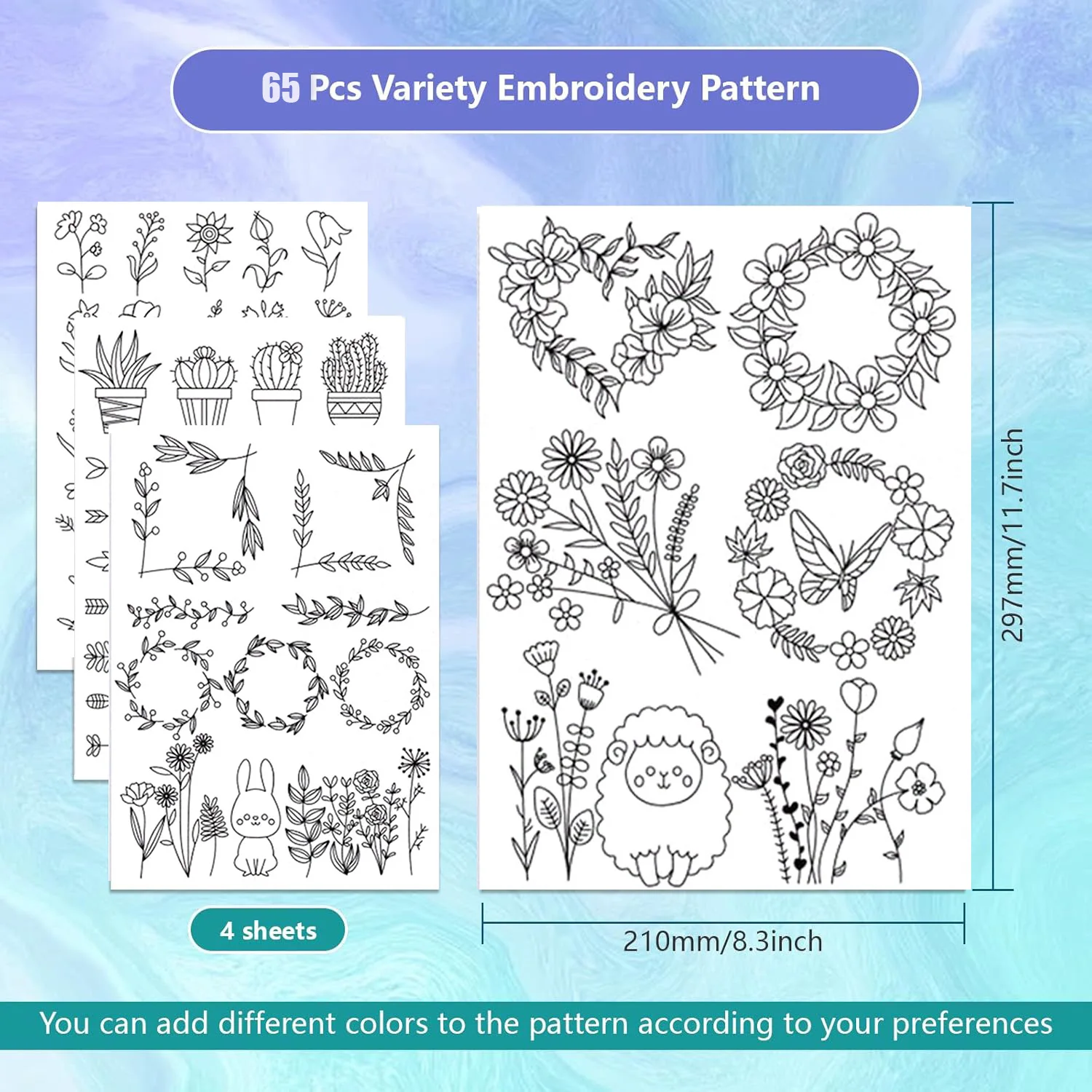 Cute Animal Floral Stick And Stitch Embroidery Transfer Paper Water‑Soluble Stabilizer Sheep Rabbit Flower Wreath Patterns