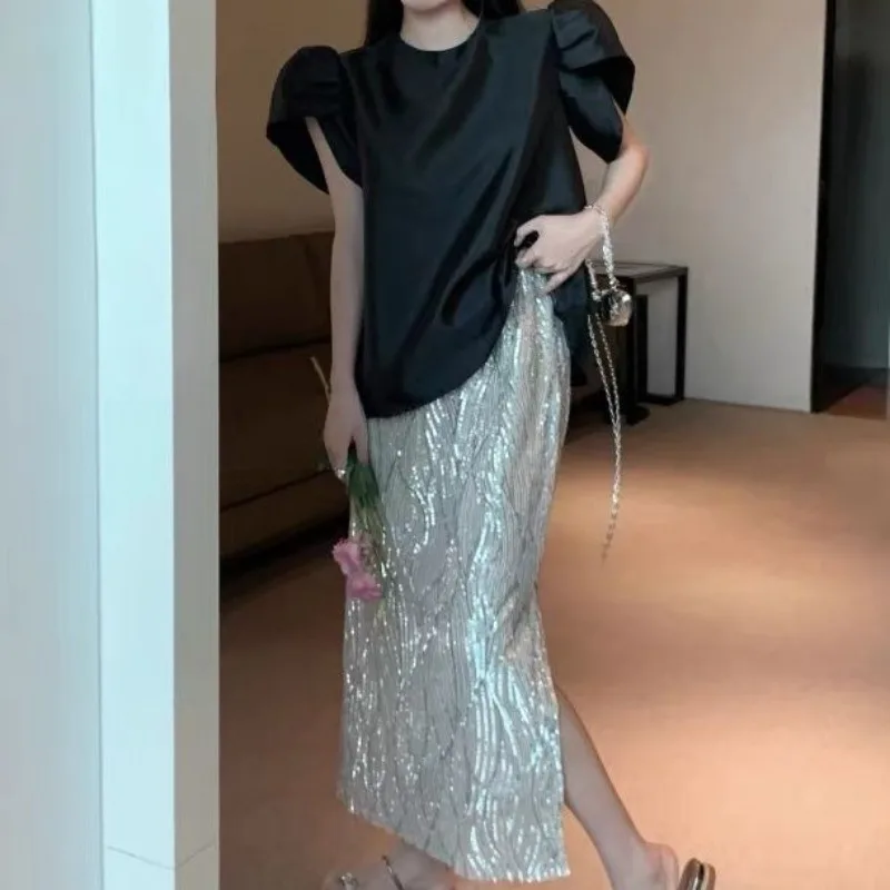 Summer Vintage O Neck Puff Short Sleeve Women Shirt French Sequin Luxer Split Long Skirt
