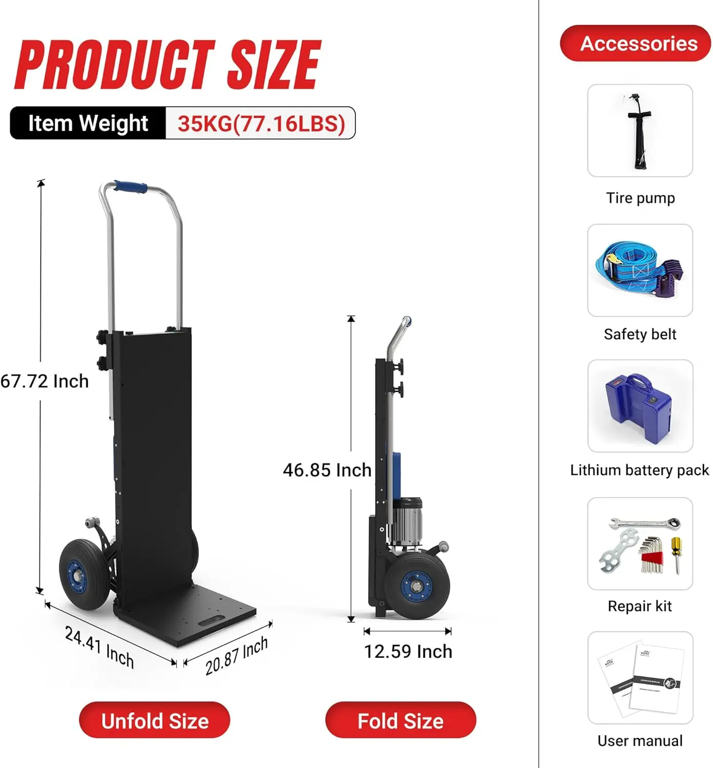 Caminhões de mão de escalada com capacidade de 550 libras, dolly elétrico com placa traseira, carrinho de escalada de escada alimentado, estrutura de aço carbono de 480 W, ajuste