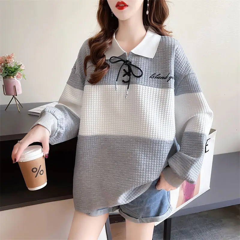 2023 Spring and Autumn American Loose Casual Oversized Flip Collar Lace Up Color Block Letter Printed Long Sleeved Waffle Hoodie