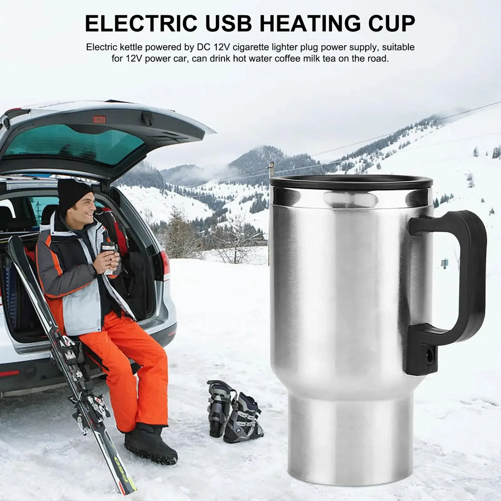 Car Water Bottle Car Heating Cup 450ml Stainless Steel Camping Travel Water Bottle Electric Hot Water Coffee Milk Insulated Cup