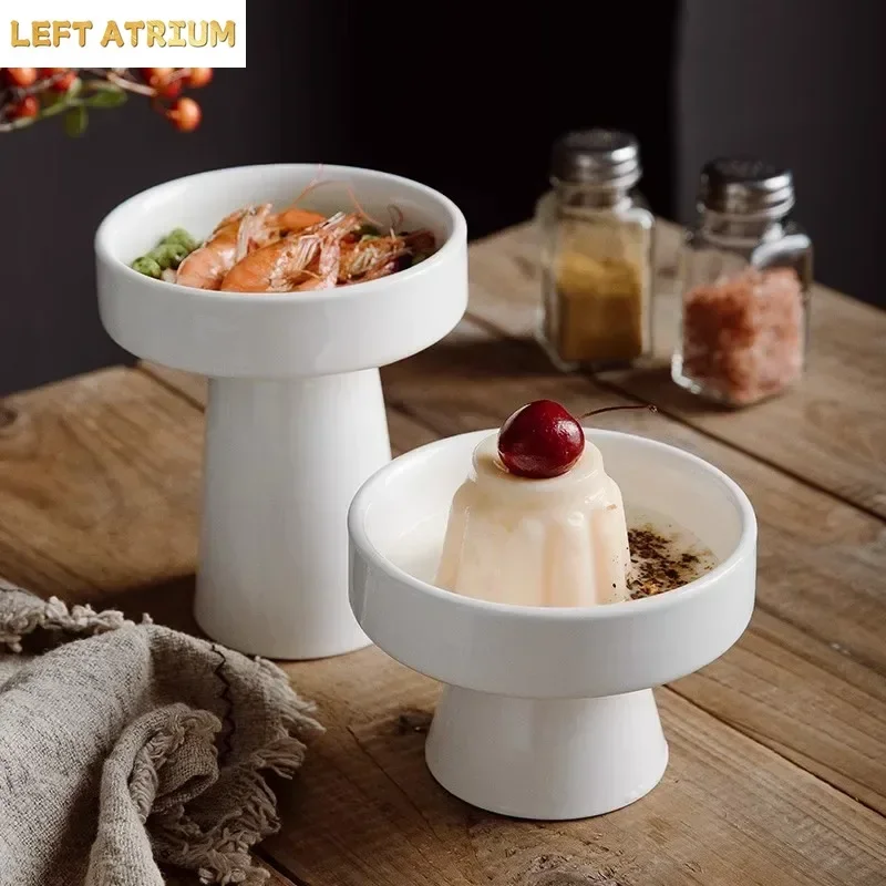 Pure White Ceramic Tall High Foot Plate Hotel Restaurant Creative Dishes Cold Vegetable Bowl Tea Point Dim Sum Display Plate