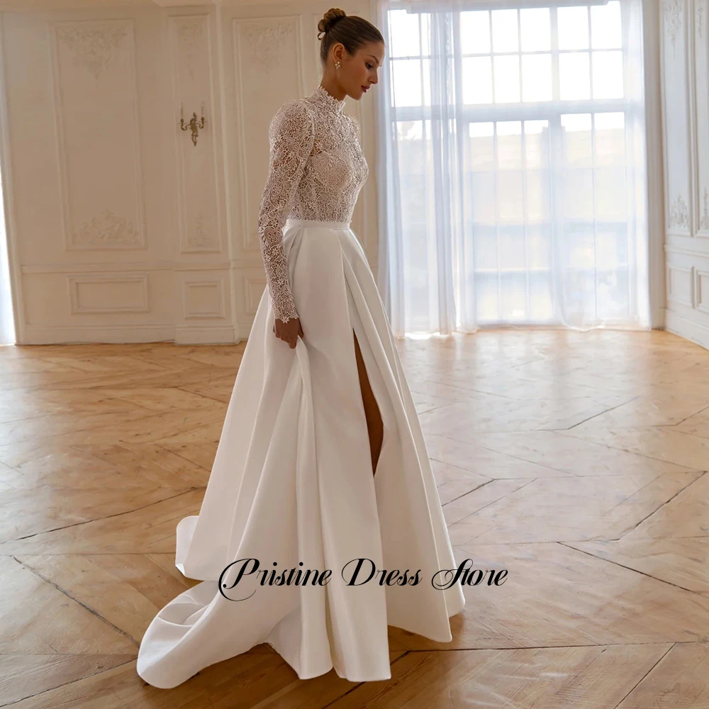 New Satin Side Slit Wedding Dress A-line Lace Long Sleeves and Pearl High Neckline Saudi Floor length Bridal Gown Customzied