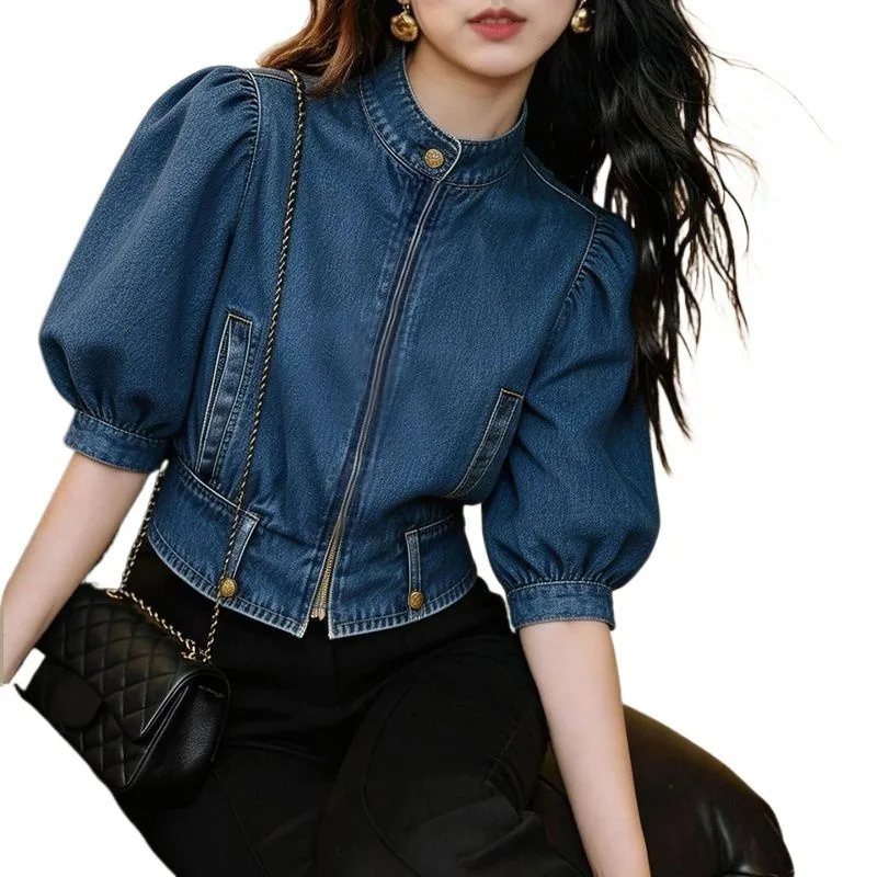 This Summer's New Unique Elegant and Beautiful Cinched-waist Blouse Stylish Blue Denim Puffed Sleeve Versatile Shirt for Women