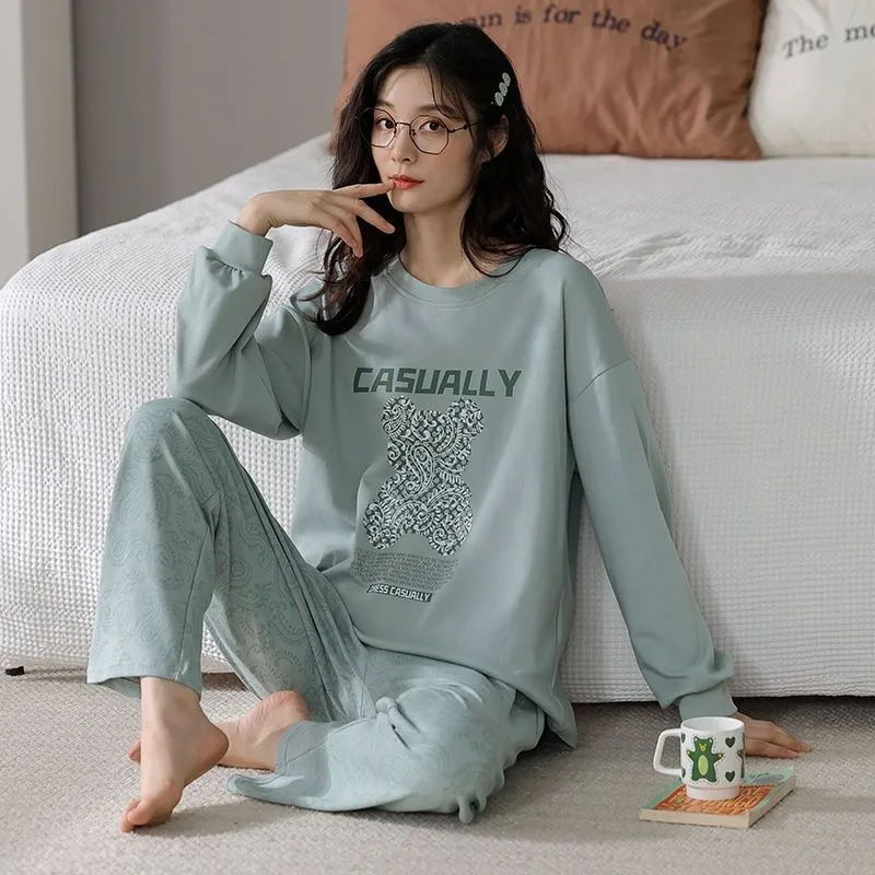 Women Pajamas Spring Autumn New Female Cotton Long Sleeve Sweet Round Collar Home Wear Two-Piece Casual Loose Sleepwear Set 2024