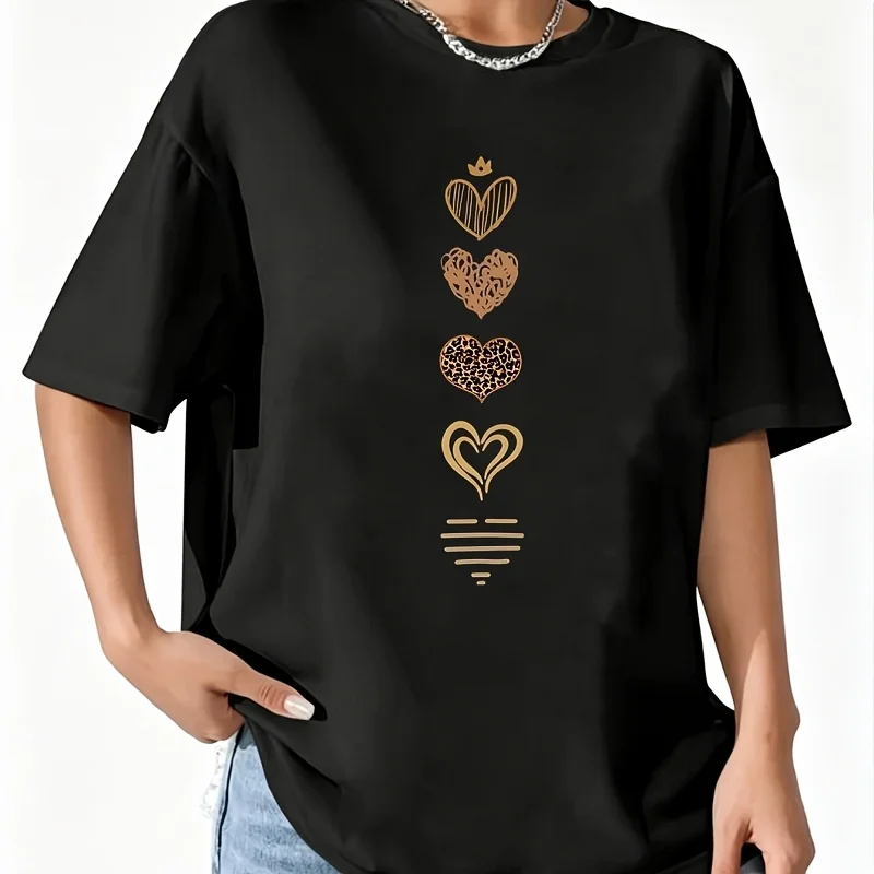 With Heart Design Women's 100% Cotton T-Shirt Short Sleeve Top Casual Round Neck Fun Print Tee S-5Xl