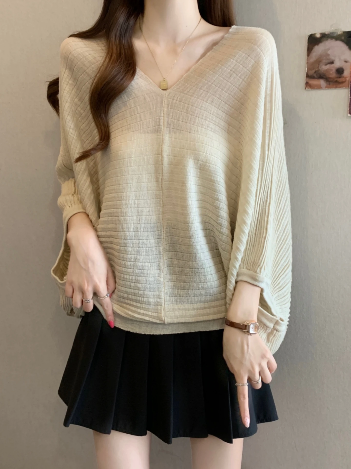 Ice Silk Knitted Top Women's Loose Thin Summer V-Neck Batwing Sleeve Outerwear Casual Comfortable Korean Style Commute Wind