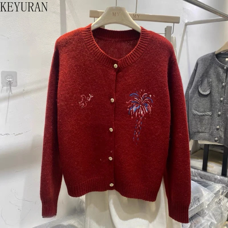 Fireworks Embroidery Sweater Women's 2025 Spring New Korean Fashion O-neck Long Sleeve Casual Versatile Knitted Cardigan Tops