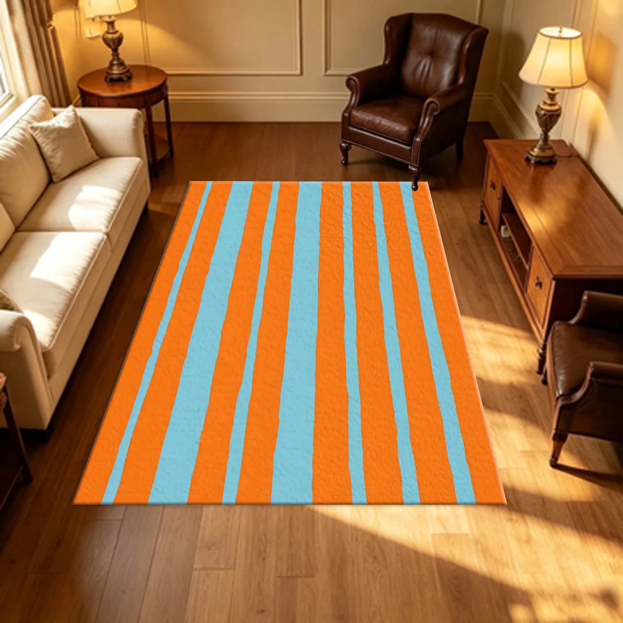 Orange and Light Blue Hand-Painted Striped Carpet