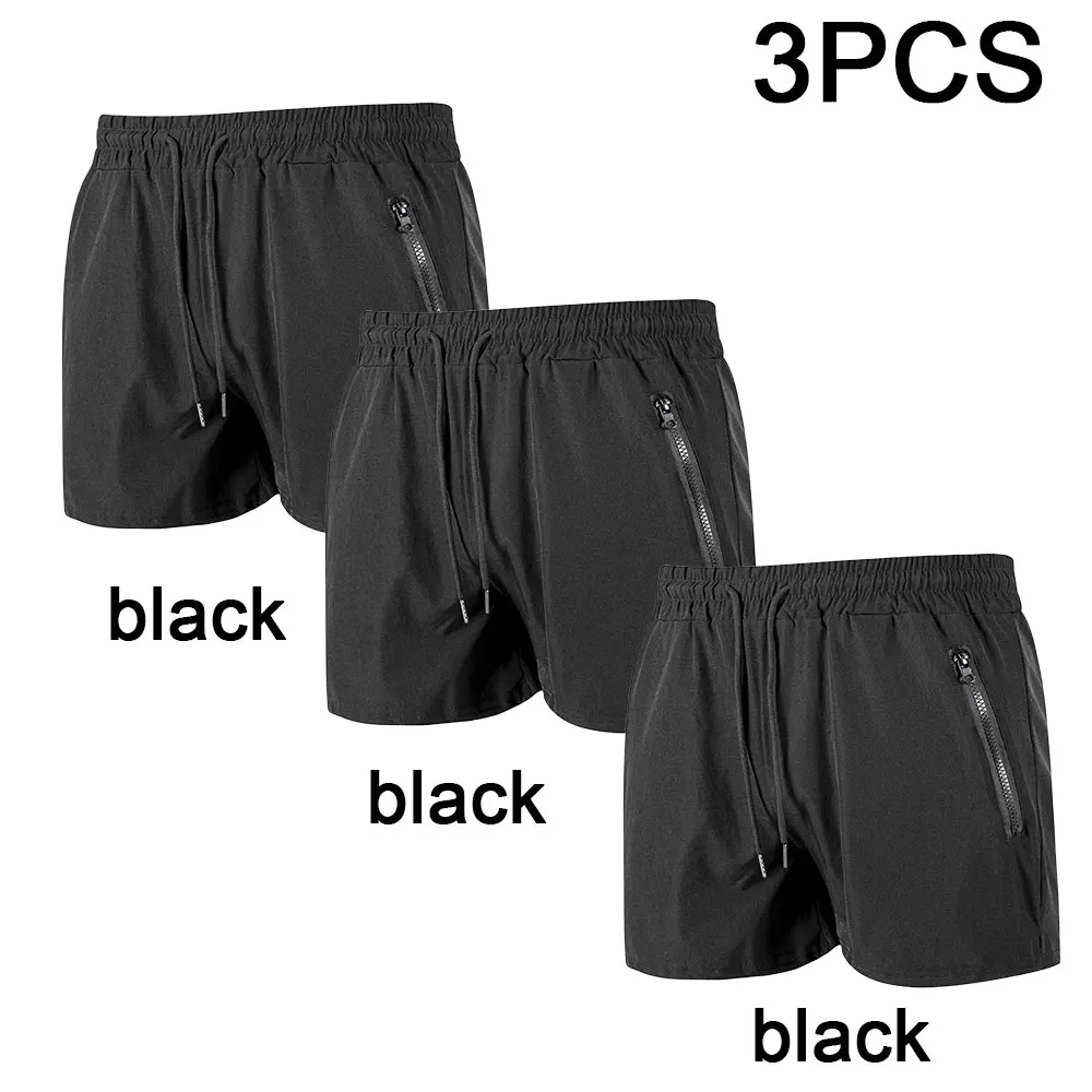 3PCS Men's Beach Shorts Summer Swim Trunks Quick Dry Side Double Zipper Pockets Design Running Basketball Training Gym Shorts