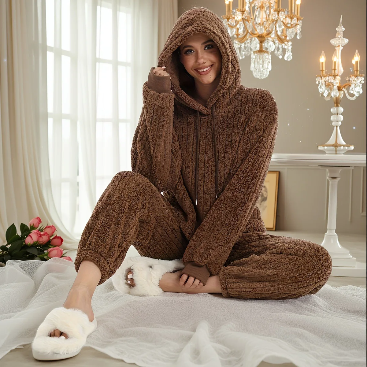 

Коралловый флис с капюшоном, ночная рубашка, кофейный пижамный костюм, женская теплая осенне-зимняя домашняя одежда, комплект из 2 предметов, топ, брюки с эластичной резинкой на талии