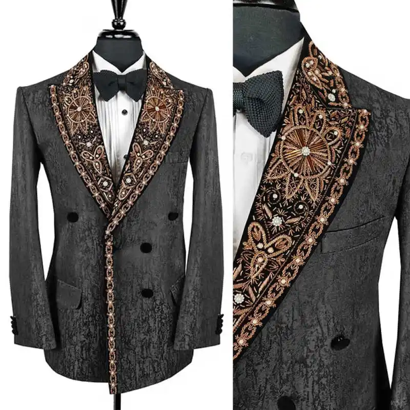 Fashion Wedding Men Suit Business Men Wear Tailor-Made Crystal Neck Tuxedo 2 Pcs Coat Pants Party Singer Groom Suits Customized