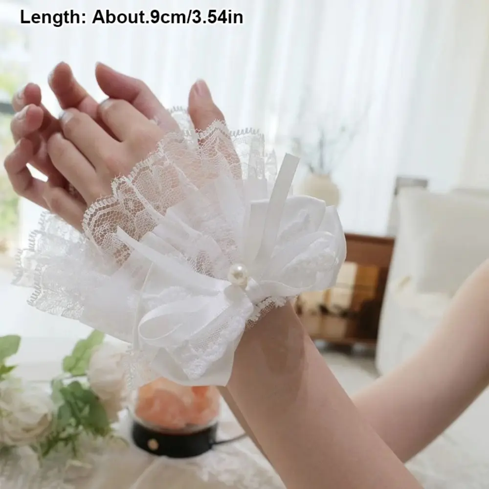 الحلو الأبيض الدانتيل الكفة اللؤلؤ القوس انفصال وهمية متوهج الأكمام لوليتا الكفة تأثيري حلية