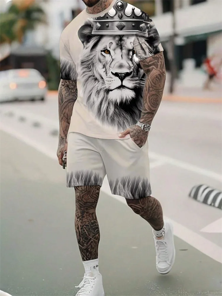 

Lion King Print Men's Short-Sleeved T-Shirt Shorts Set Fashion Summer Short-Sleeved Shorts Two-Piece Street Shoot Men's Clothing