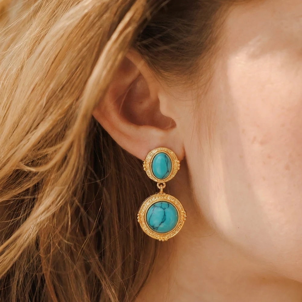 

Vintage Turquoise Drop Earrings for Women Bohemian Gold Color Round Stone Dangle Earrings Ethnic Statement Jewelry Party Gift
