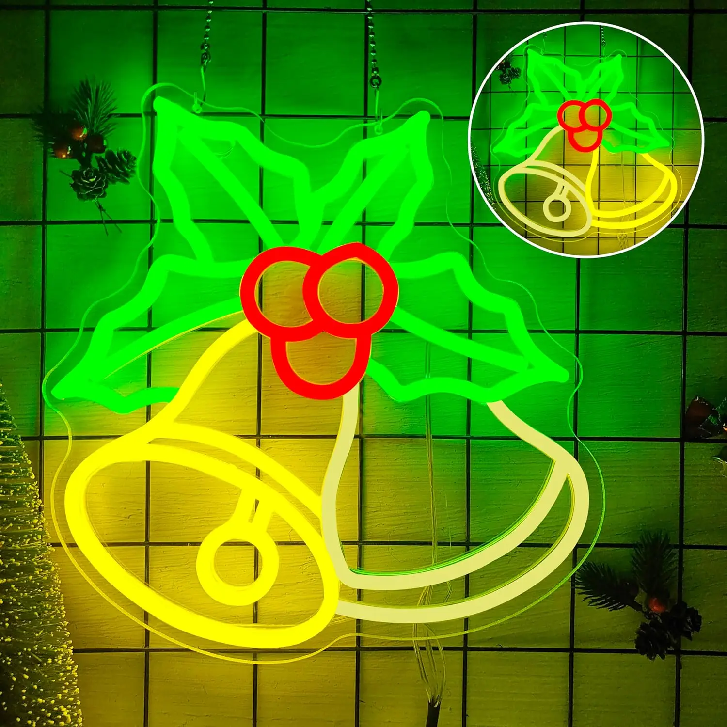 クリスマスベル ネオンサイン 壁飾り 調光可能 ネオンサイン 点滅ベル ホーリー付き LEDサイン クリスマスライトアップサイン ホームパーティー用