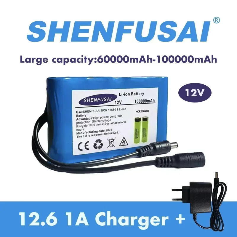 

High capacity 18650 3S2P 12V 60000mAh original lithium-ion battery DC+charger 12.6V rechargeable, CCTV, camera, monitor