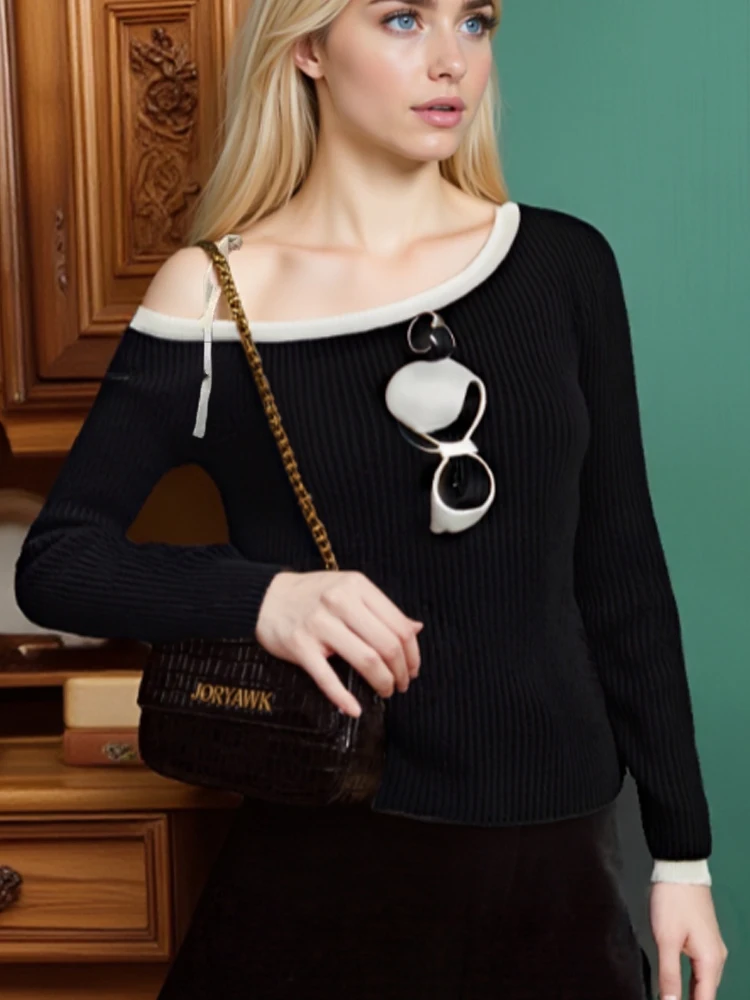 

Casual Women's Knit Pullover Fashion Autumn Women Knitted Top Off-shoulder Sweater Elegant Korean Style Long Sleeve Knitwear