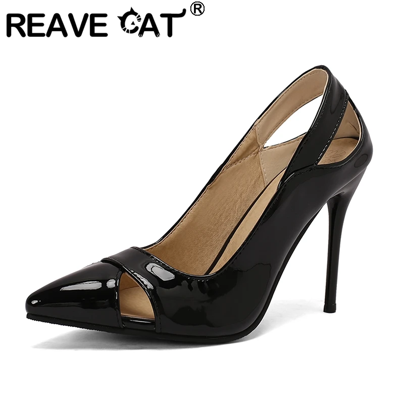 REAVE CAT Sexy Female Pumps Pointed Toe Stiletto 10cm Slip On Patent Leather 45 46 31 32 33 Fashion Party Women Shoes