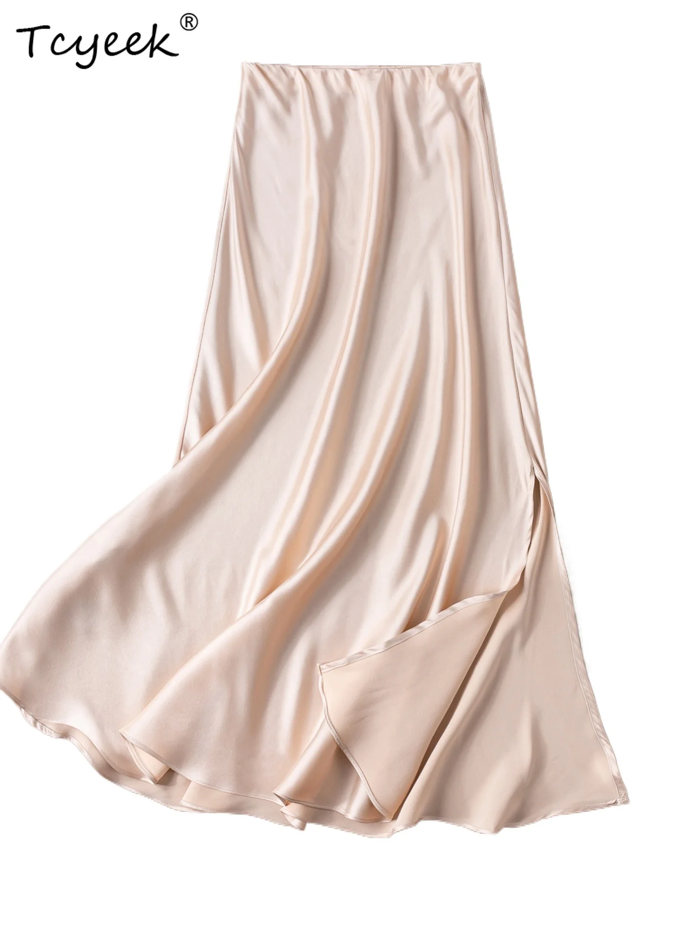 Tcyeek 93% Real Silk Womens Skirts Elegant Skirt for Woman Summer Clothes Split Bodycon Skirt Elastic Waist Faldones Para Mujer
