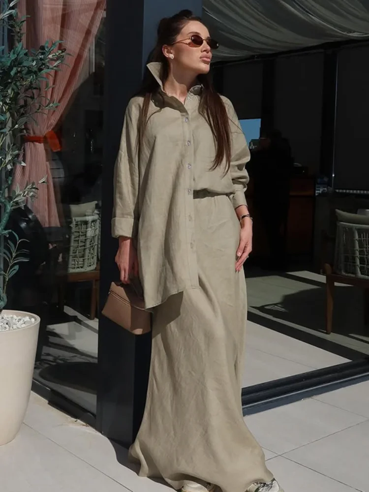 

Fashion Solid Cotton Linen Maxi Skirt Set Women Chic Full Sleeve Lace Up Single Breasted Lapel Shirt Suit 2025 Lady Commute Wear