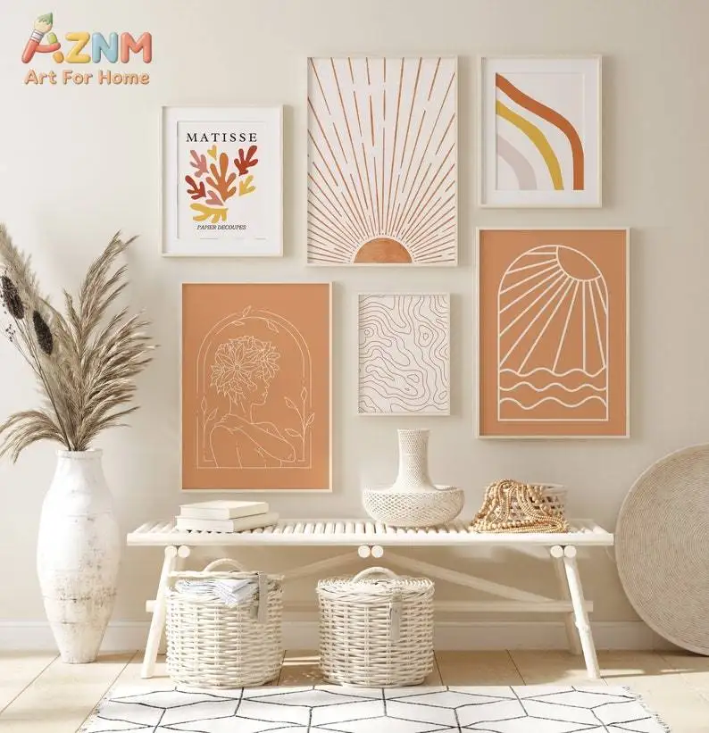 AZNM Matisse Abstract Canvas Wall Art Boho Sun Line Figure Cutout Art Print Unframed Canvas Wall Decor