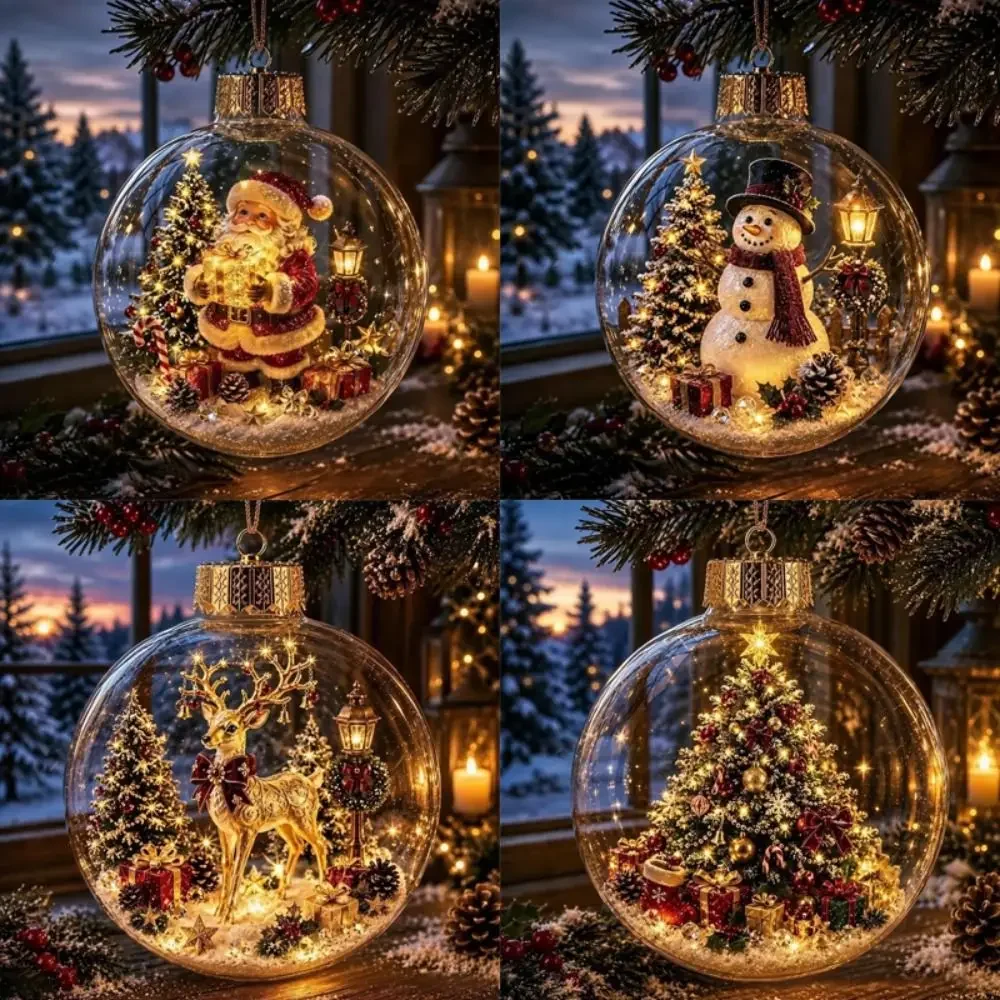 Weihnachtskugel-Ornament aus Acryl mit Licht, transparentes Design, hängende Weihnachtsdekoration, Größe 8 cm, Weihnachtsmann-Anhänger – Detail 8