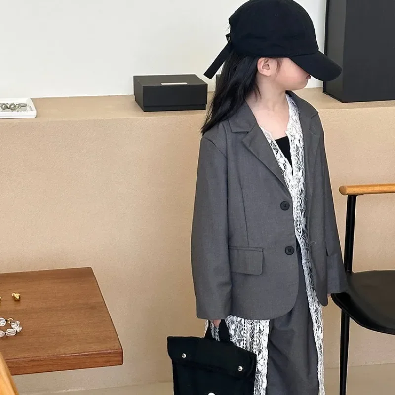 Girls Grey Suit Spring 2026 Casual Loose Blazer Skirt Two Pieces School Uniform for Kids Wedding Party Formal Costumes 2-13 Year