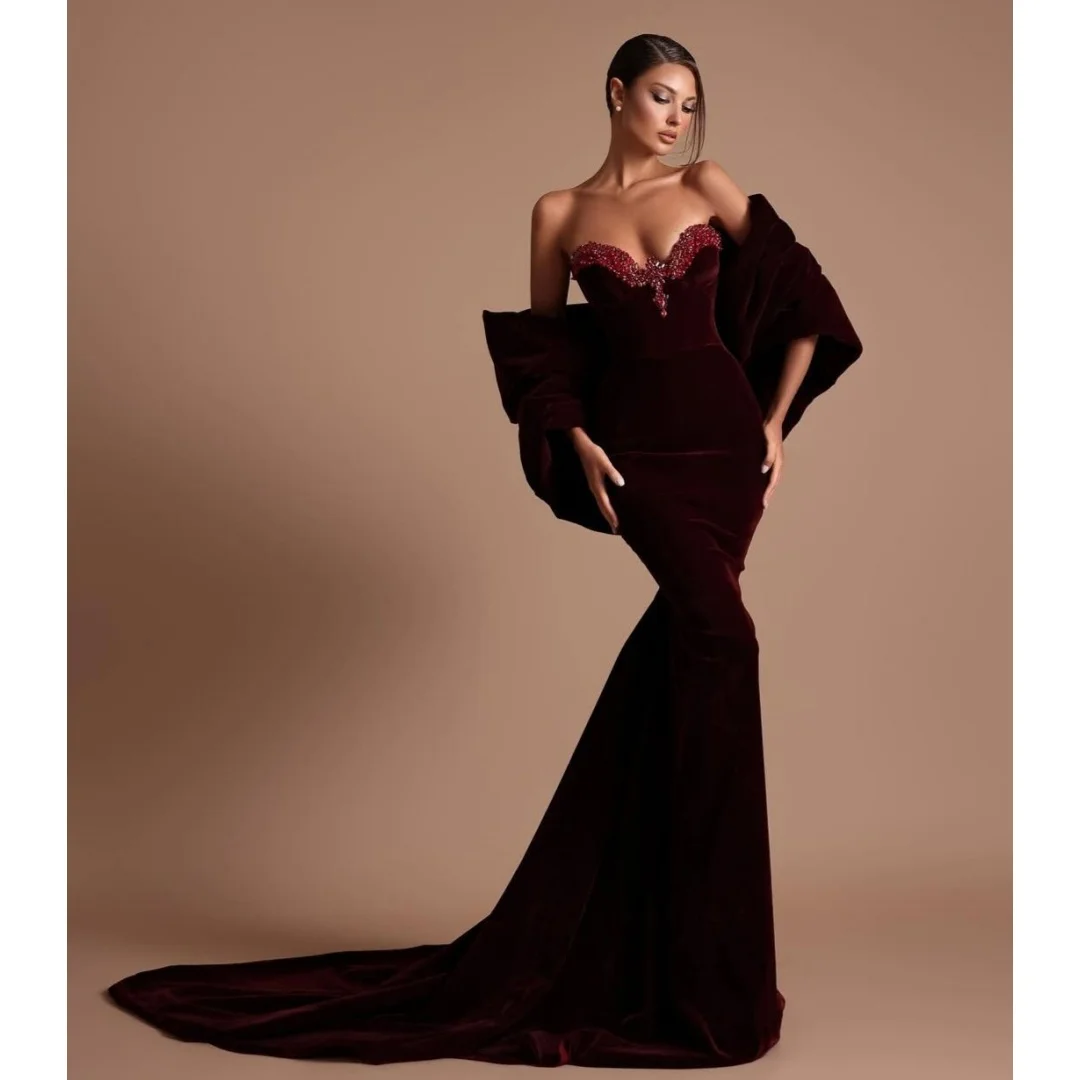 

Burgundy Evening Dresses with Cape Lace Heart Neck Mermaid Prom Dress Elegant Velour Wedding Party Gown Customized