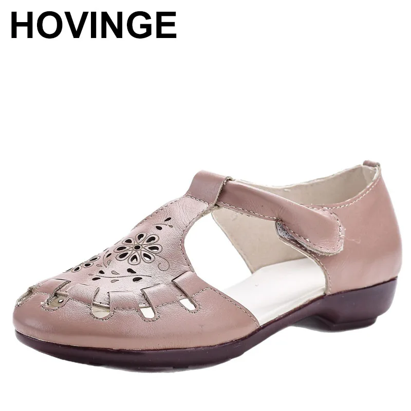 

High quality women's genuine leather sandal closed toe rome shoes ladies plus size 42 woman summer hook loop flats sandals