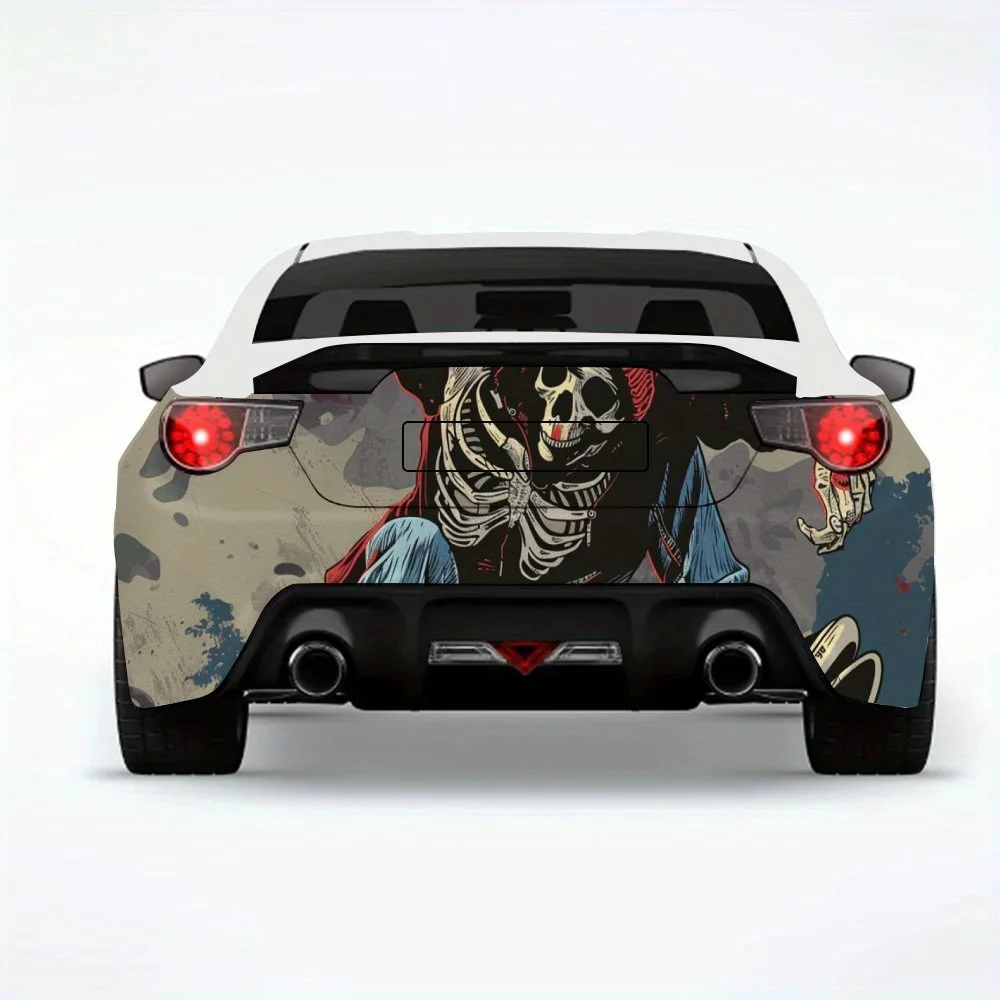 

Скейтбордист с черепом, виниловая наклейка на заднюю часть автомобиля, водонепроницаемые самоклеящиеся виниловые наклейки для хвоста и бампера автомобиля, украшение