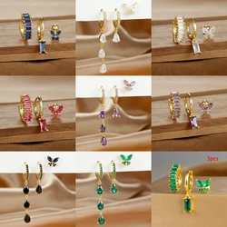 3PCS Multicolor Zircon Hoop Earrings Sets for Women Stainless Steel Cute Huggie Pendant Butterfly Ear Stud Piercing Jewelry Gift
