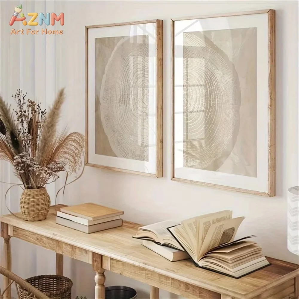 2pcs Abstract Tree Ring Beige Art Decor Poster Vintage Tree Stump Unframed Canvas Wall Art Prints for Living Room Bedroom Decor