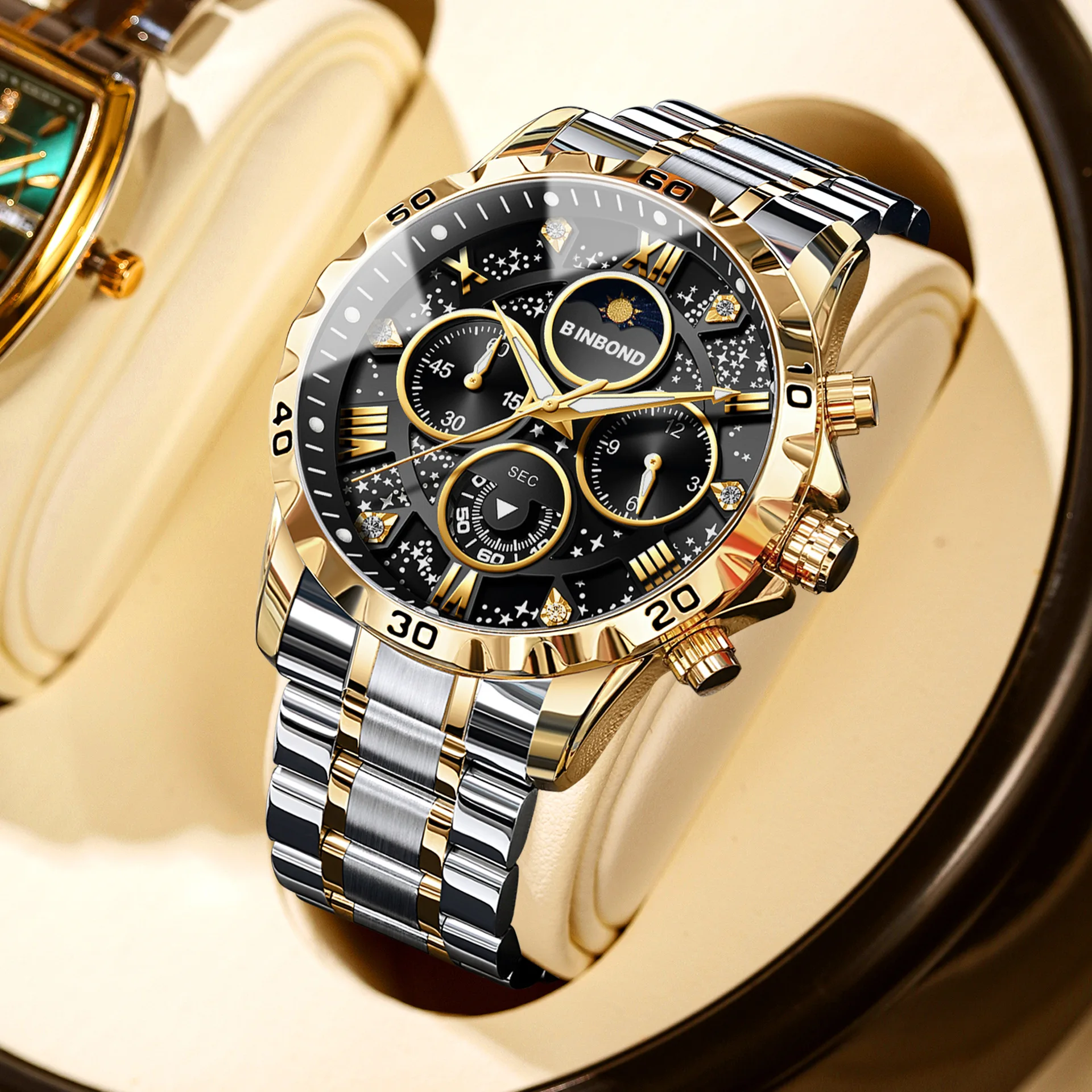 BINBOND Men\'s Quartz Watches Stainless Steel Multifunctional Moon Phase Stars Luminous Waterproof Golden Wristwatches Male Clock