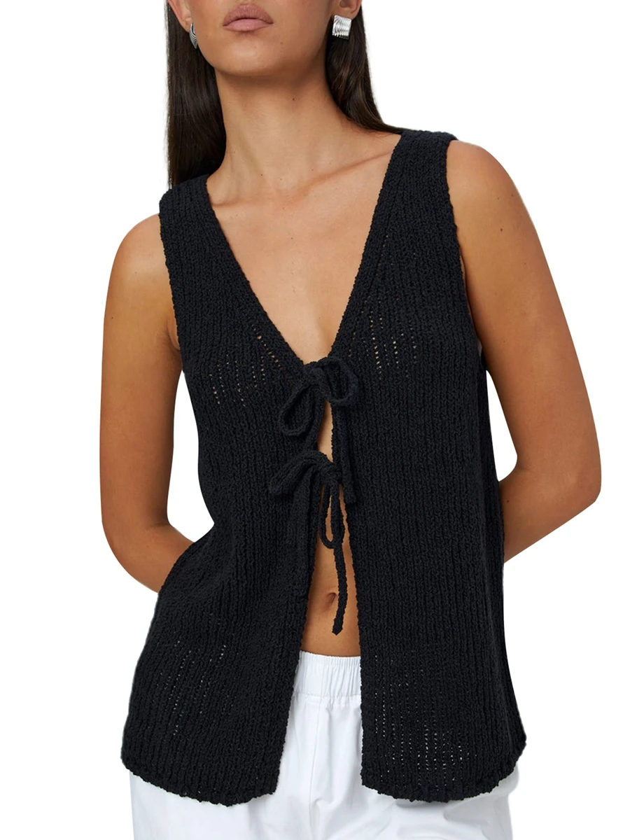 Women s Sleeveless V Neck Knitted Tank Top with Cross Tie-up Front Detail and  Fit Design - Sweater Vest for a Stylish Look