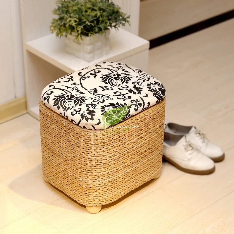 Antique Rattan Shoes Storage Stool Solid Wood Frame Living Room Ottoman Footstool Rustic Storage Seat Stylish Home Furniture