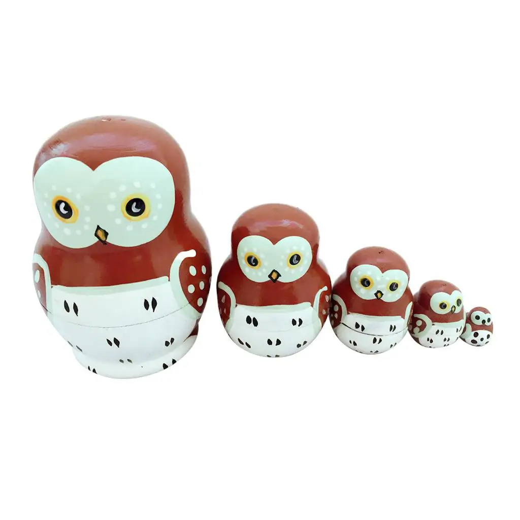 

5pcs Russian Wooden Nesting Doll Set Owl Bird Matryoshka Hand Painted