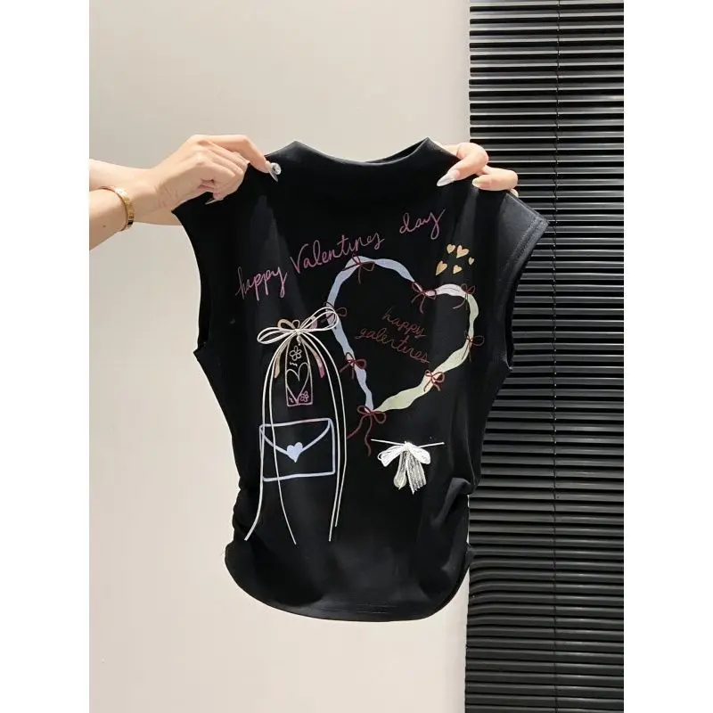 Female Casual Korean Printing Multicolor Short Sleeve T-shirts Summer Women Clothes Slim Cute Bow Half Height Collar Top Tee