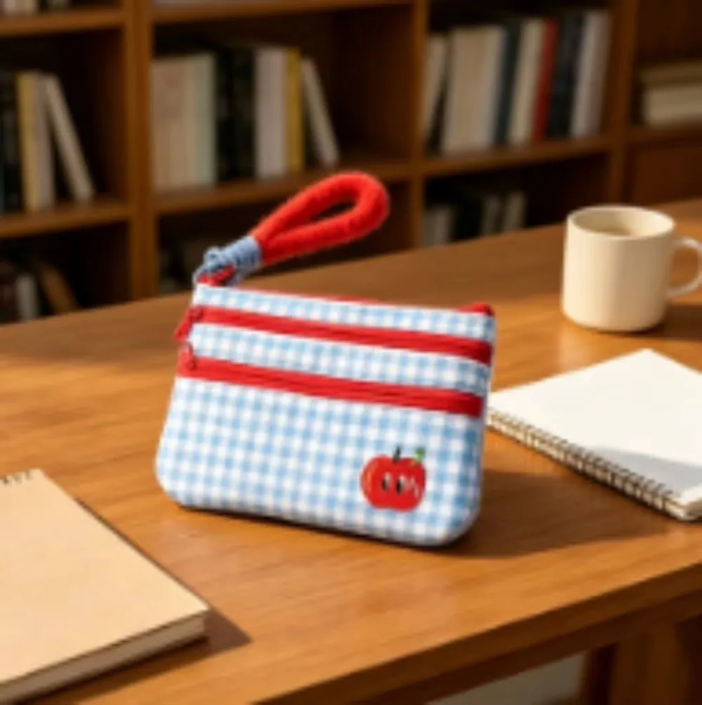 Women's Large Capacity Portable Storage Bag Plaid Cartoon Kawaii Red Apple ID Card Holder Booklet Handbag Bag Purse