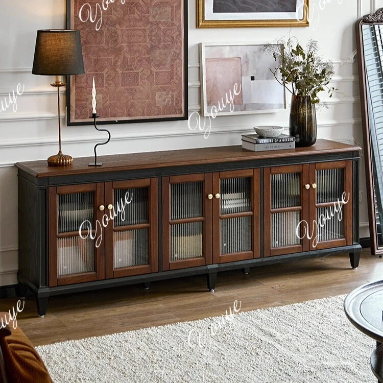 

Шкаф для хранения телевизора из цельного дерева в американском стиле ретро, встроенный черный французский шкаф для телевизора премиум-класса для гостиной