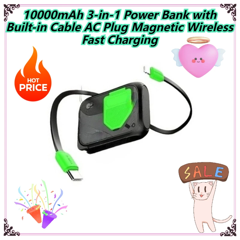 

10000mAh 3-in-1 Power Bank with Built-in Cable AC Plug Magnetic Wireless Fast Charging