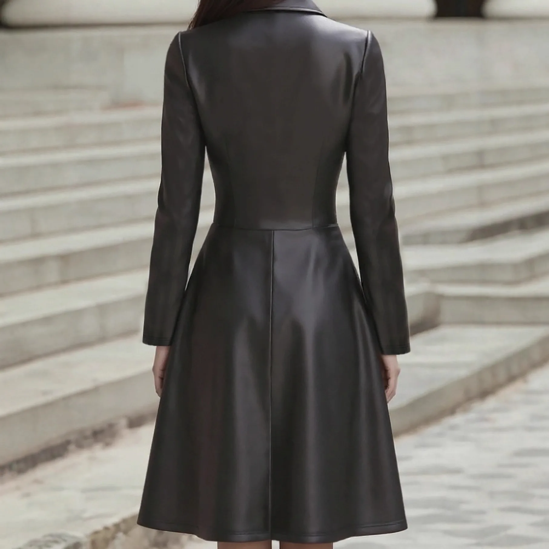 PU Faux Leather Long Dress Turn Down Collar Long Sleeve Elegant Vintage Casual High Street A-Line Mid-Length Dresses for Women