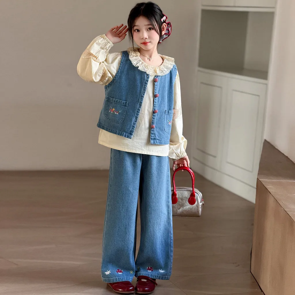 Children Clothes Suit Girls Autumn Denim Vest and Wide Leg Jeans Lace Collar Shirt 3 Piece Set